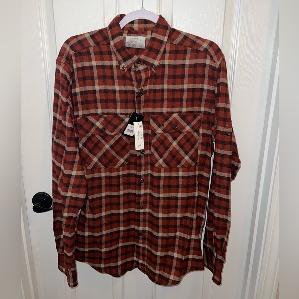 Rust Plaid Casual Button-Down Shirt